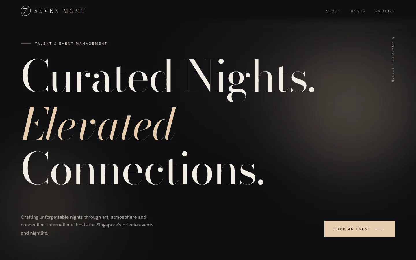 Seven Management website: serif headline over a dark backdrop